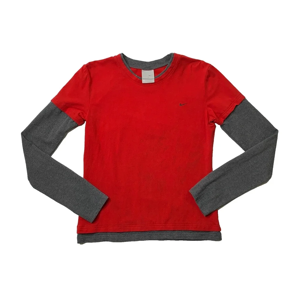 Vintage Nike T Shirt Youth Boys XL Red Gray Layered Double Sleeve Crew 90s